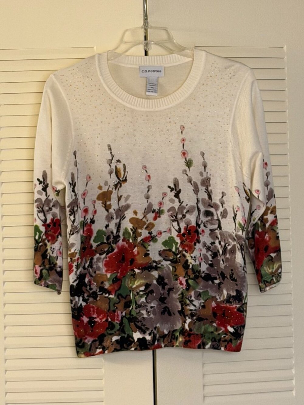 C.D. Petites Cream Knit Top w/Auntumn-Color Flowers Print Size XL*